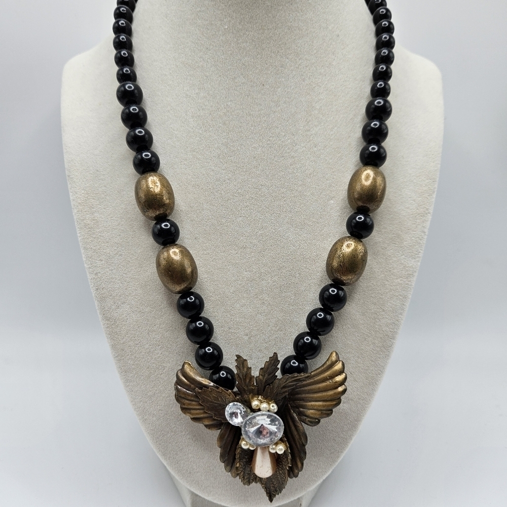VINTAGE Art Deco Black and Copper Tone Statement Beaded Necklace